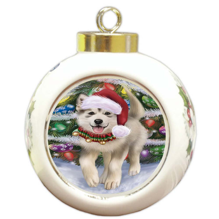 Trotting in the Snow Alaskan Malamute Dog Round Ball Christmas Ornament RBPOR55762