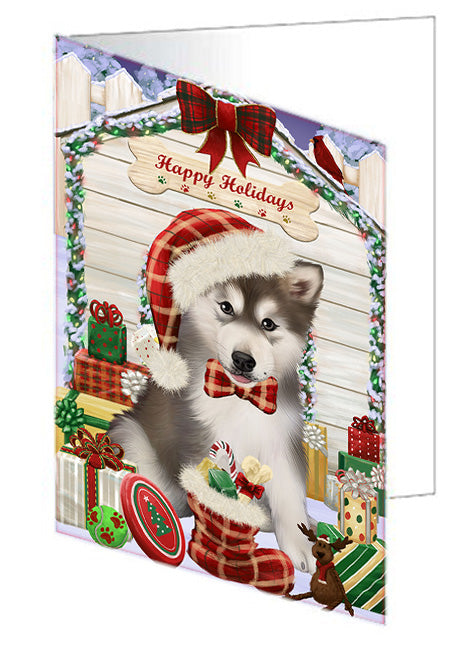 Happy Holidays Christmas Alaskan Malamute Dog House with Presents Handmade Artwork Assorted Pets Greeting Cards and Note Cards with Envelopes for All Occasions and Holiday Seasons GCD57935