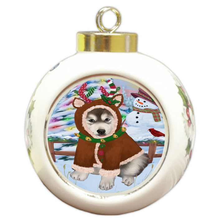 Christmas Gingerbread House Candyfest Alaskan Malamute Dog Round Ball Christmas Ornament RBPOR56487