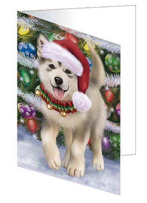 Trotting in the Snow Alaskan Malamute Dog Handmade Artwork Assorted Pets Greeting Cards and Note Cards with Envelopes for All Occasions and Holiday Seasons GCD70733