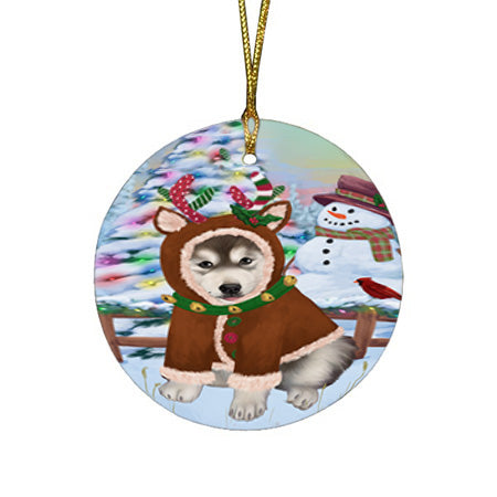 Christmas Gingerbread House Candyfest Alaskan Malamute Dog Round Flat Christmas Ornament RFPOR56487