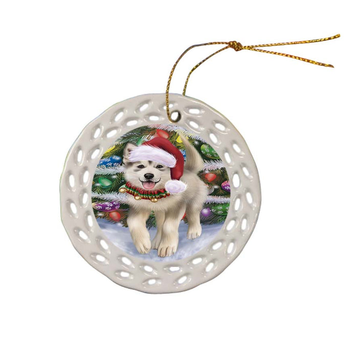 Trotting in the Snow Alaskan Malamute Dog Ceramic Doily Ornament DPOR55762