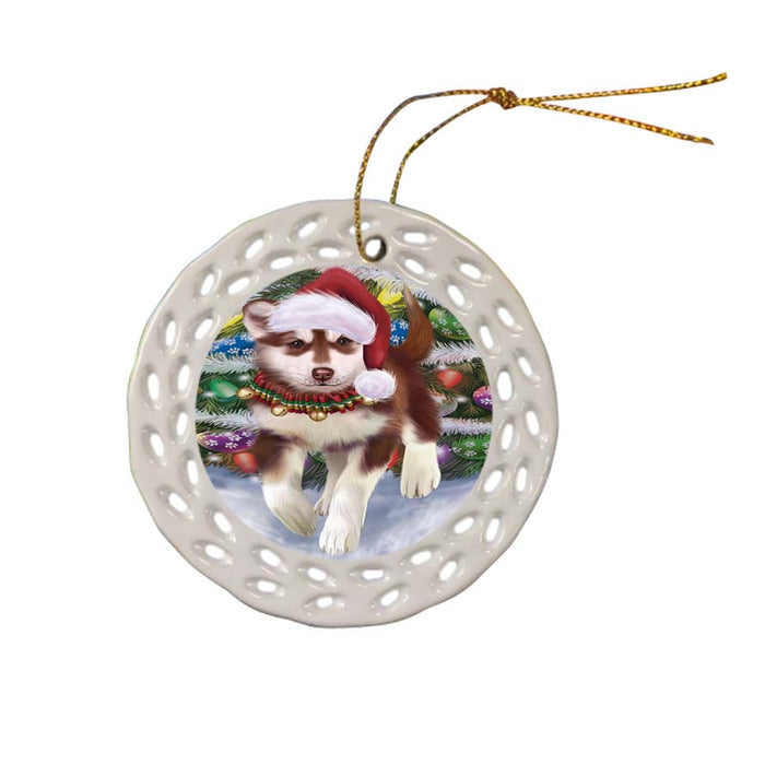 Trotting in the Snow Alaskan Malamute Dog Ceramic Doily Ornament DPOR55763