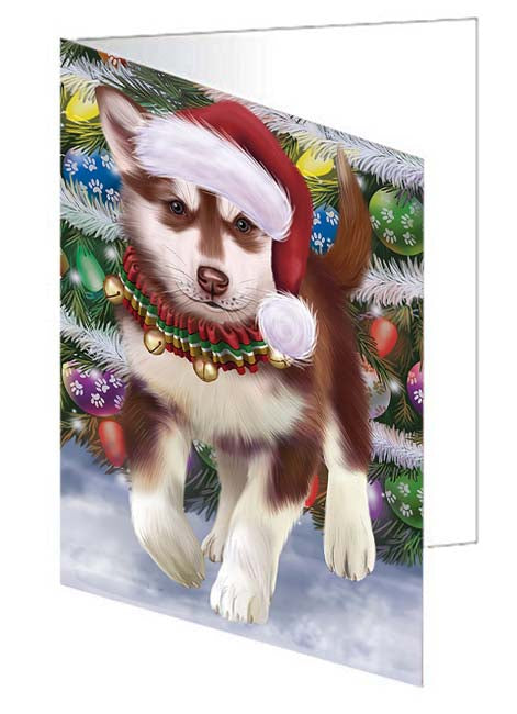 Trotting in the Snow Alaskan Malamute Dog Handmade Artwork Assorted Pets Greeting Cards and Note Cards with Envelopes for All Occasions and Holiday Seasons GCD70736