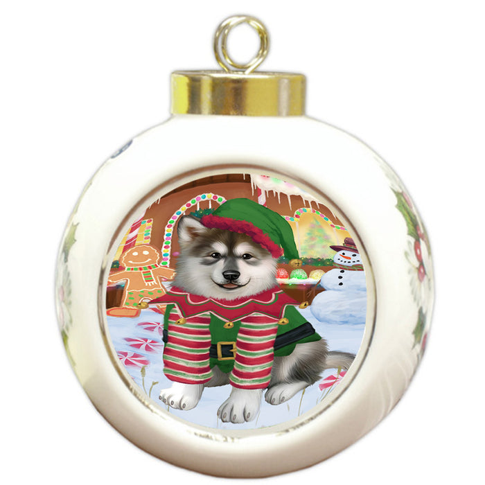 Christmas Gingerbread House Candyfest Alaskan Malamute Dog Round Ball Christmas Ornament RBPOR56488