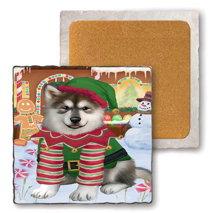 Christmas Gingerbread House Candyfest Alaskan Malamute Dog Set of 4 Natural Stone Marble Tile Coasters MCST51132