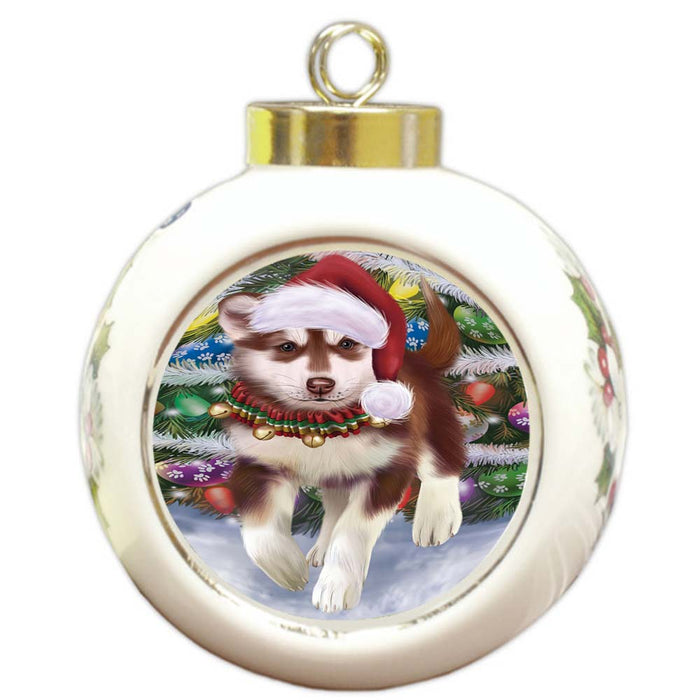 Trotting in the Snow Alaskan Malamute Dog Round Ball Christmas Ornament RBPOR55763