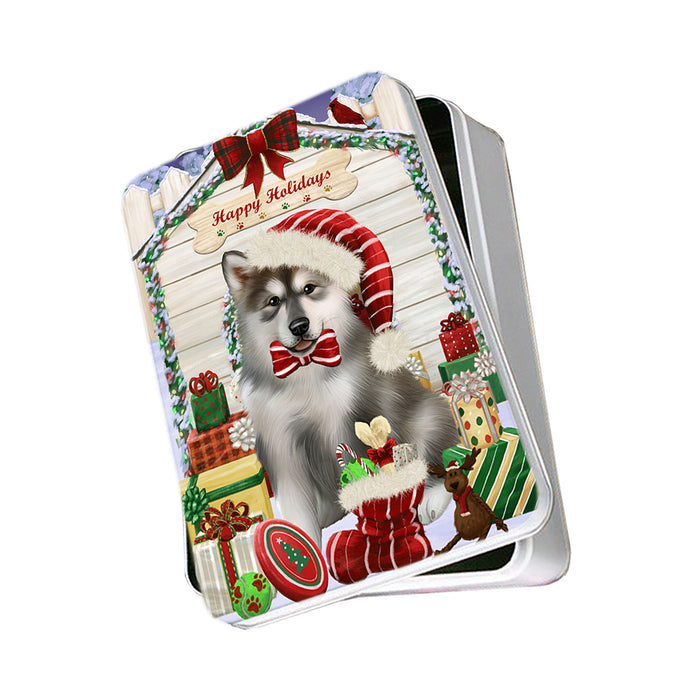 Happy Holidays Christmas Alaskan Malamute Dog House with Presents Photo Storage Tin PITN51303