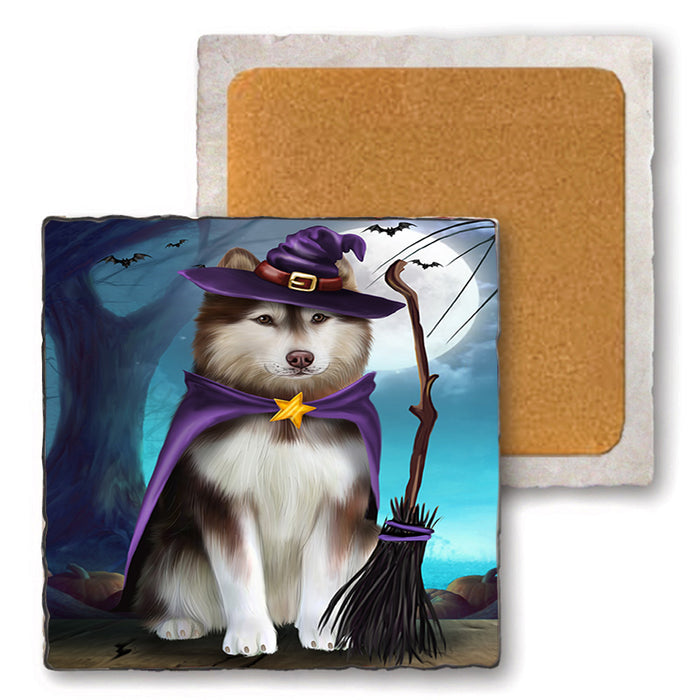 Happy Halloween Trick or Treat Alaskan Malamute Dog Set of 4 Natural Stone Marble Tile Coasters MCST49495