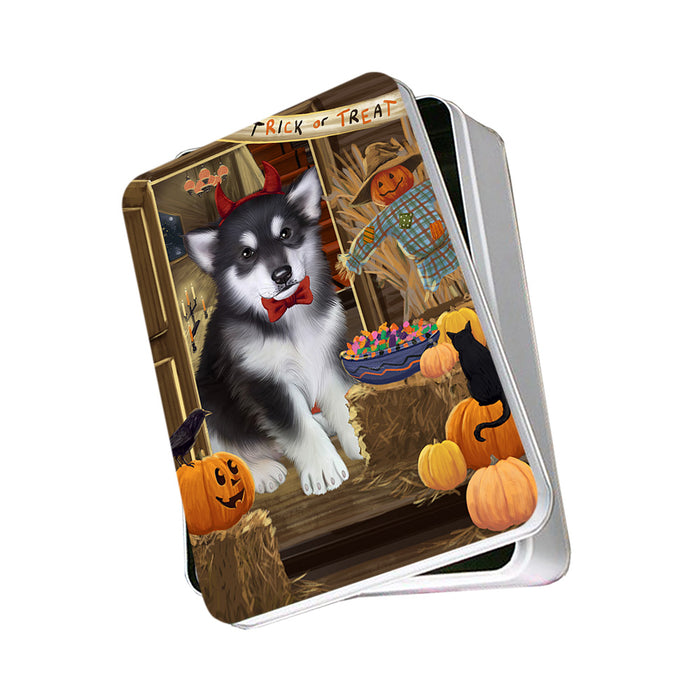 Enter at Own Risk Trick or Treat Halloween Alaskan Malamute Dog Photo Storage Tin PITN52937