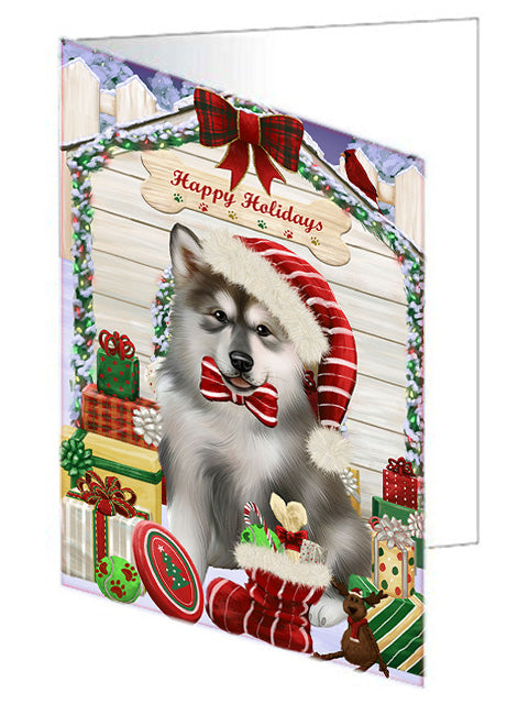 Happy Holidays Christmas Alaskan Malamute Dog House with Presents Handmade Artwork Assorted Pets Greeting Cards and Note Cards with Envelopes for All Occasions and Holiday Seasons GCD57938