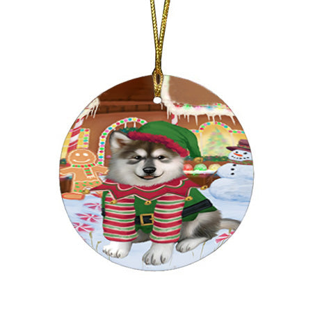 Christmas Gingerbread House Candyfest Alaskan Malamute Dog Round Flat Christmas Ornament RFPOR56488