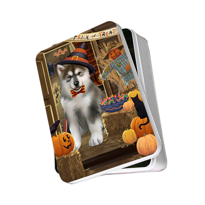 Enter at Own Risk Trick or Treat Halloween Alaskan Malamute Dog Photo Storage Tin PITN52938