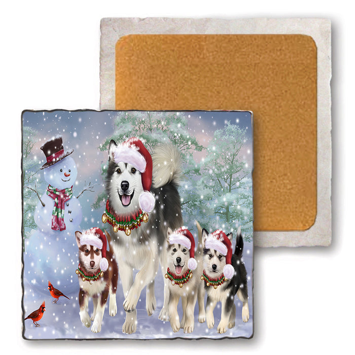 Christmas Running Family Alaskan Malamutes Dog Set of 4 Natural Stone Marble Tile Coasters MCST50460