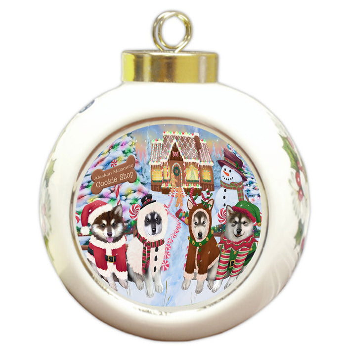 Holiday Gingerbread Cookie Shop Alaskan Malamutes Dog Round Ball Christmas Ornament RBPOR56449