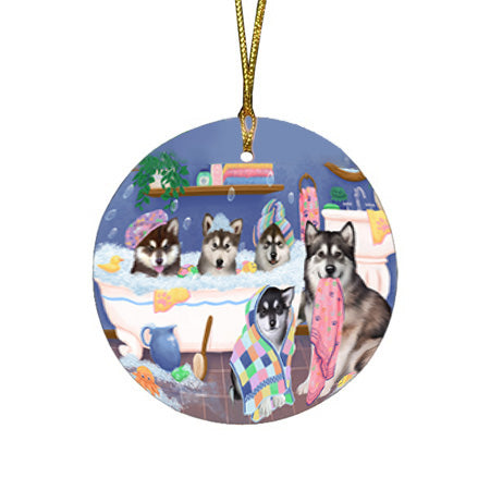 Rub A Dub Dogs In A Tub Alaskan Malamutes Dog Round Flat Christmas Ornament RFPOR57107