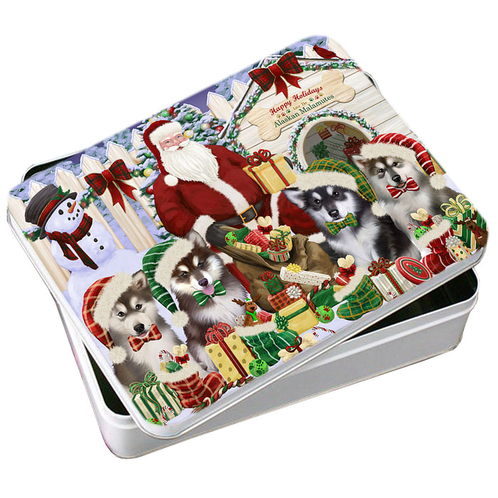 Happy Holidays Christmas Alaskan Malamutes Dog House Gathering Photo Storage Tin PITN51270