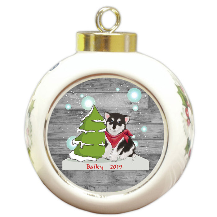 Custom Personalized Winter Scenic Tree and Presents Alaskan Malamute Dog Christmas Round Ball Ornament