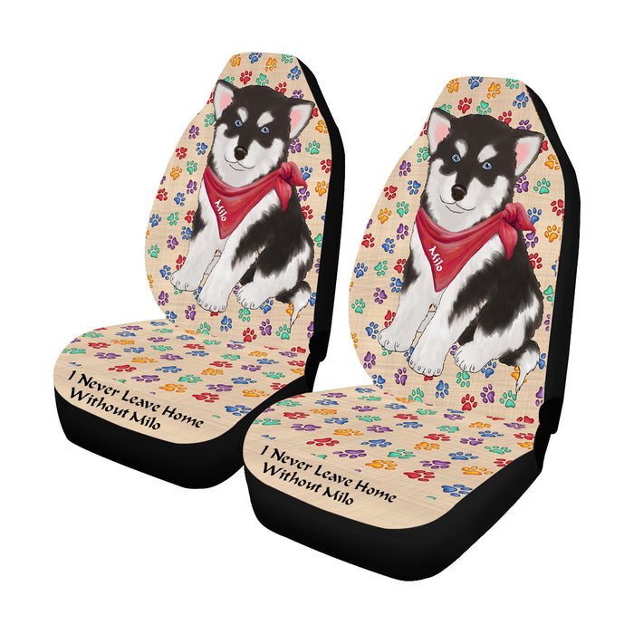 Personalized I Never Leave Home Paw Print Alaskan Malamute Dogs Pet Front Car Seat Cover (Set of 2)