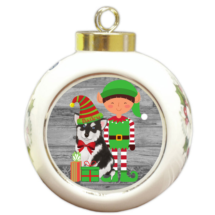 Custom Personalized Alaskan Malamute Dog Elfie and Presents Christmas Round Ball Ornament