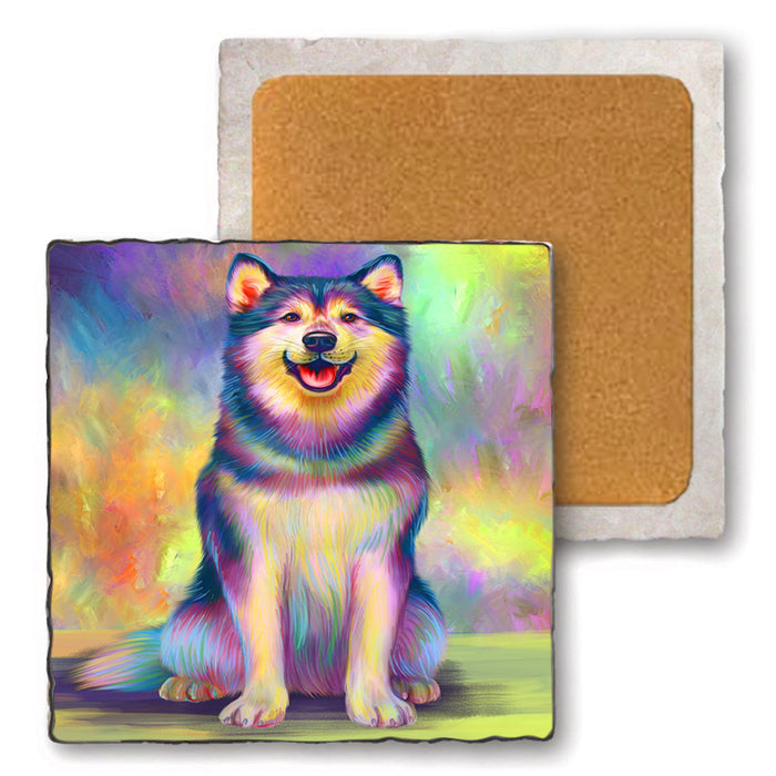 Paradise Wave Alaskan Malamute Dog Set of 4 Natural Stone Marble Tile Coasters MCST51684