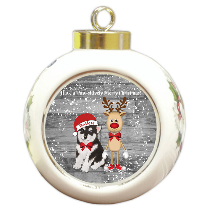 Custom Personalized Alaskan Malamute Dog Reindeer and Pooch Christmas Round Ball Ornament