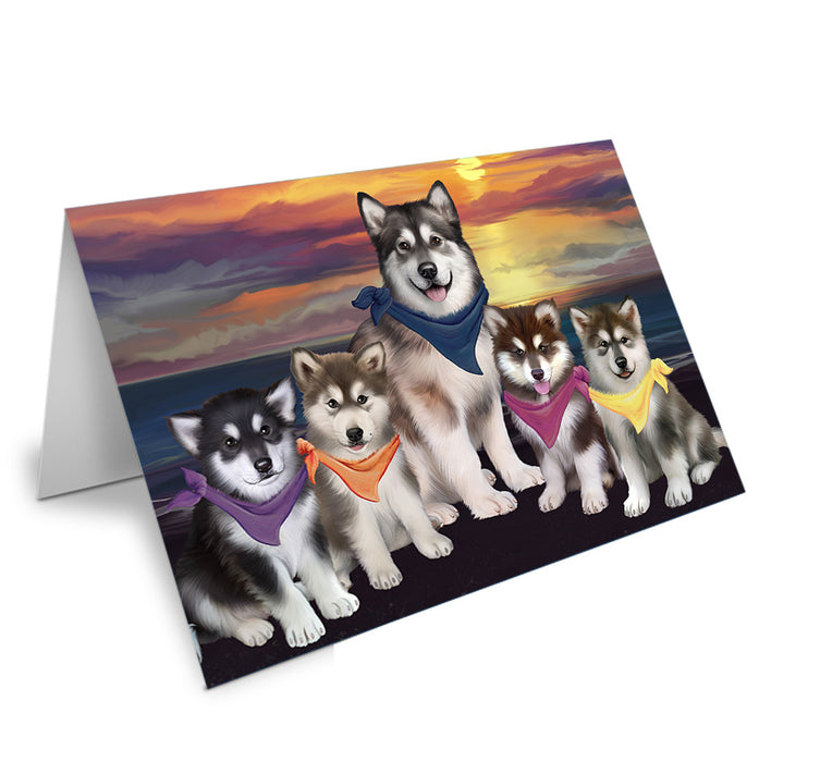 Family Sunset Portrait Alaskan Malamutes Dog Handmade Artwork Assorted Pets Greeting Cards and Note Cards with Envelopes for All Occasions and Holiday Seasons GCD54710