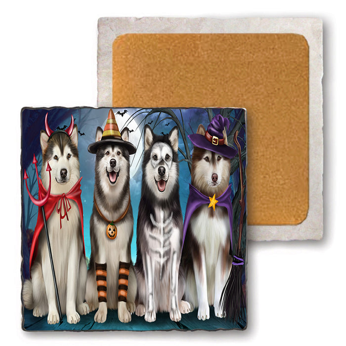 Happy Halloween Trick or Treat Alaskan Malamutes Dog Set of 4 Natural Stone Marble Tile Coasters MCST49477