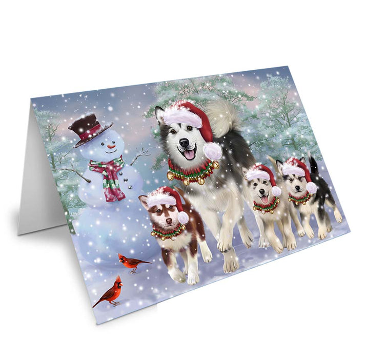 Christmas Running Family Alaskan Malamutes Dog Handmade Artwork Assorted Pets Greeting Cards and Note Cards with Envelopes for All Occasions and Holiday Seasons GCD70895