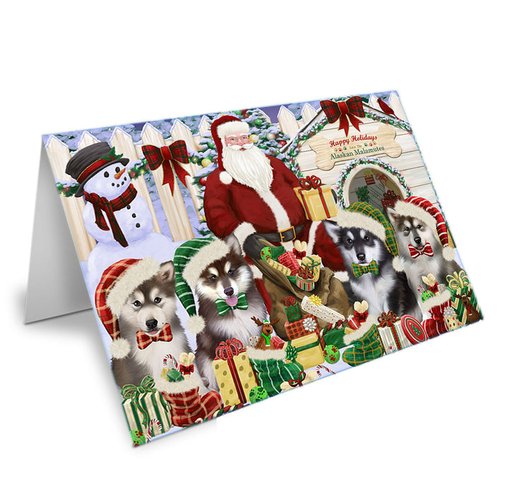 Happy Holidays Christmas Alaskan Malamutes Dog House Gathering Handmade Artwork Assorted Pets Greeting Cards and Note Cards with Envelopes for All Occasions and Holiday Seasons GCD57839