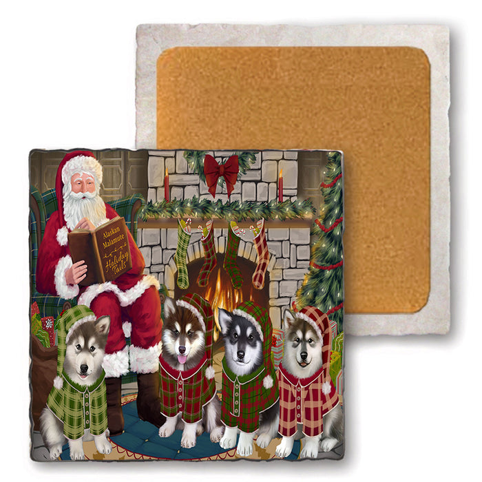 Christmas Cozy Holiday Tails Alaskan Malamutes Dog Set of 4 Natural Stone Marble Tile Coasters MCST50087