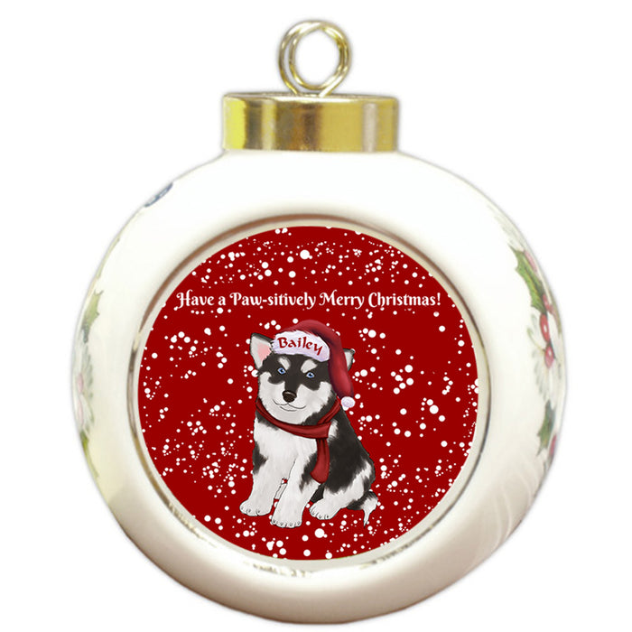 Custom Personalized Pawsitively Alaskan Malamute Dog Merry Christmas Round Ball Ornament