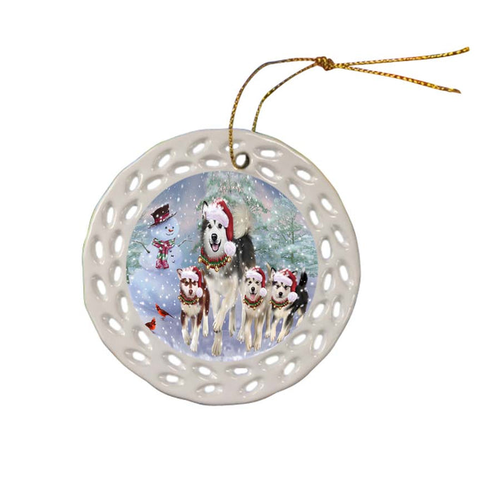 Christmas Running Family Alaskan Malamutes Dog Ceramic Doily Ornament DPOR55816