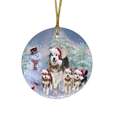 Christmas Running Family Alaskan Malamutes Dog Round Flat Christmas Ornament RFPOR55816