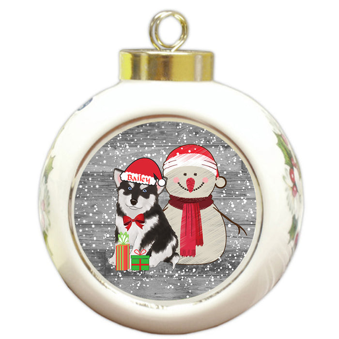 Custom Personalized Snowy Snowman and Alaskan Malamute Dog Christmas Round Ball Ornament