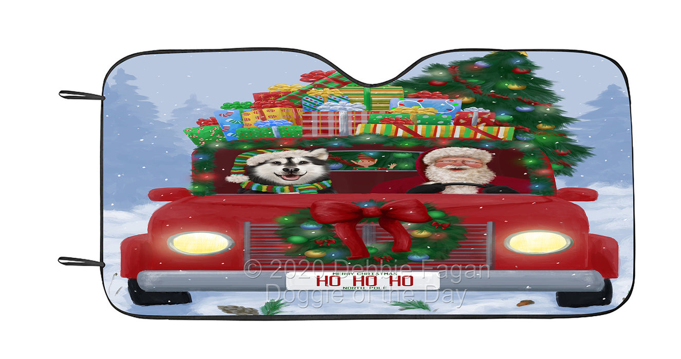 Christmas Honk Honk Red Truck with Santa and Alaskan Malamute Dog Car Sun Shade Cover Curtain