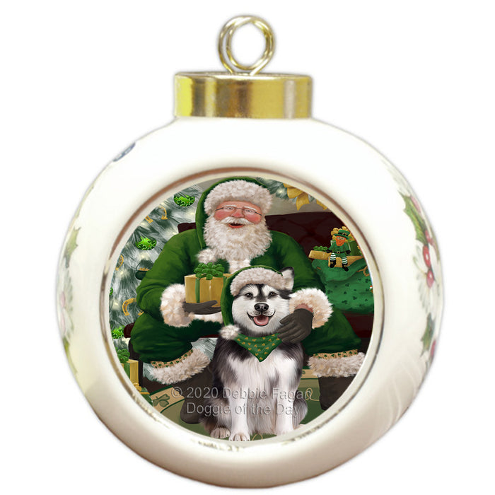 Christmas Irish Santa with Gift and Alaskan Malamute Dog Round Ball Christmas Ornament RBPOR57896