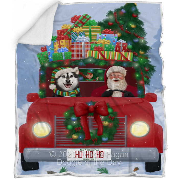 Christmas Honk Honk Red Truck Here Comes with Santa and Alaskan Malamute Dog Blanket BLNKT140698