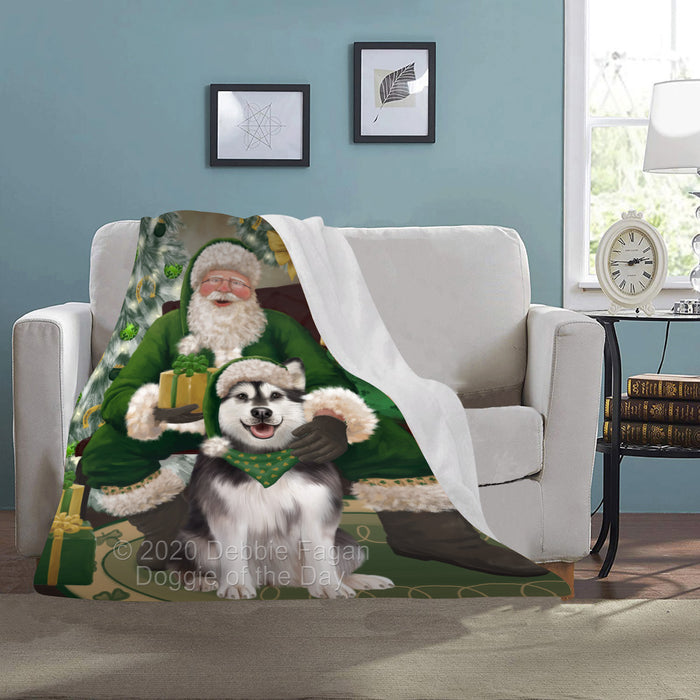 Christmas Irish Santa with Gift and Alaskan Malamute Dog Blanket BLNKT141188