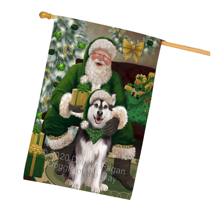Christmas Irish Santa with Gift and Alaskan Malamute Dog House Flag FLG66668