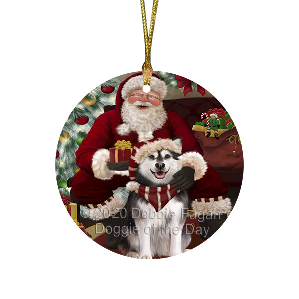 Santa's Christmas Surprise Alaskan Malamute Dog Round Flat Christmas Ornament RFPOR57994