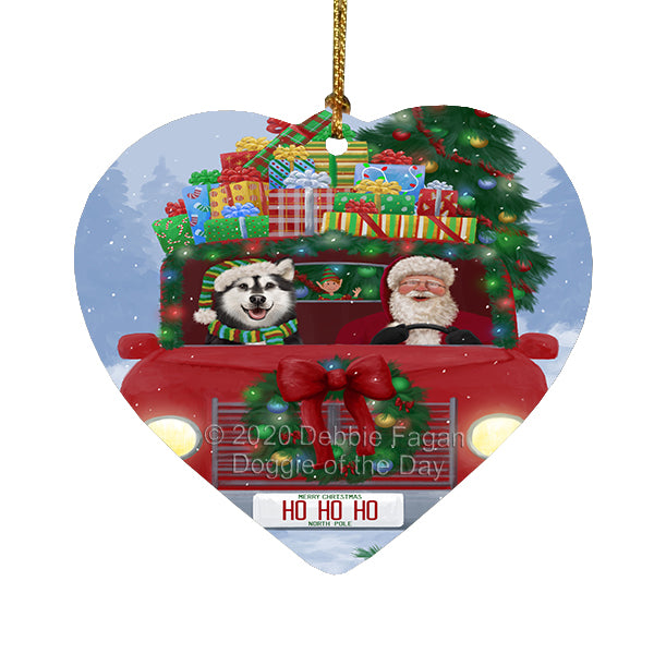 Christmas Honk Honk Red Truck Here Comes with Santa and Alaskan Malamute Dog Heart Christmas Ornament RFPOR58140