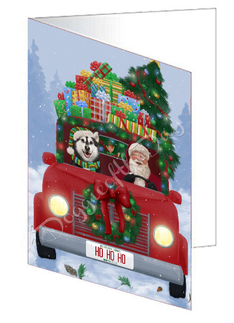 Christmas Honk Honk Red Truck Here Comes with Santa and Alaskan Malamute Dog Handmade Artwork Assorted Pets Greeting Cards and Note Cards with Envelopes for All Occasions and Holiday Seasons GCD75464