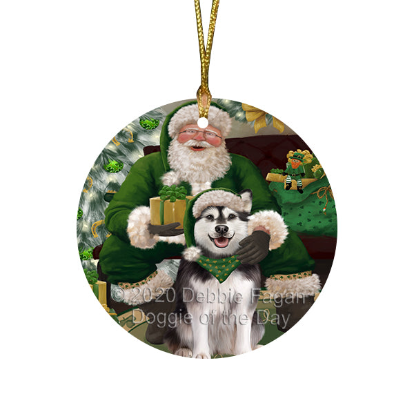 Christmas Irish Santa with Gift and Alaskan Malamute Dog Round Flat Christmas Ornament RFPOR57896