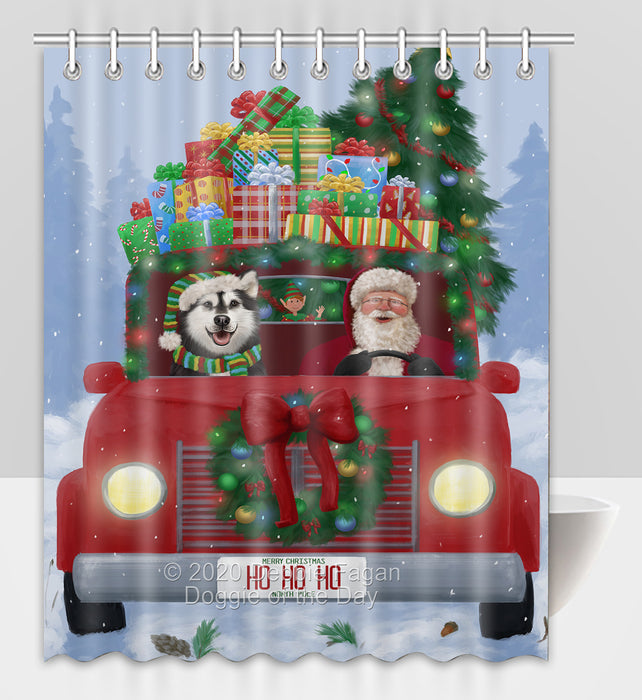 Christmas Honk Honk Red Truck Here Comes with Santa and Alaskan Malamute Dog Shower Curtain Bathroom Accessories Decor Bath Tub Screens SC008