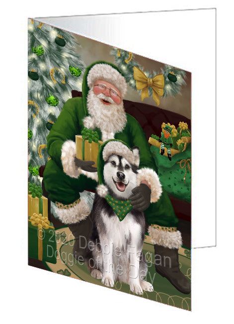 Christmas Irish Santa with Gift and Alaskan Malamute Dog Handmade Artwork Assorted Pets Greeting Cards and Note Cards with Envelopes for All Occasions and Holiday Seasons GCD75758