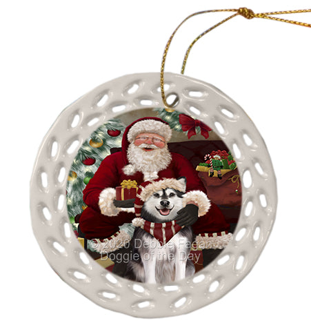 Santa's Christmas Surprise Alaskan Malamute Dog Doily Ornament DPOR59556