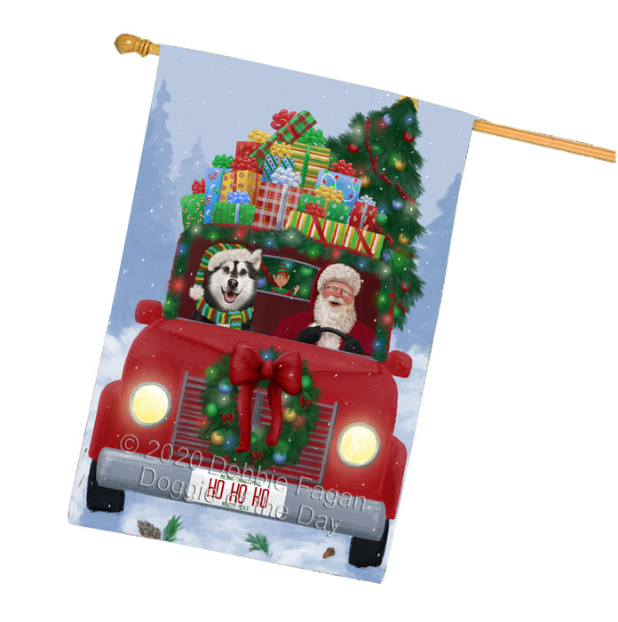 Christmas Honk Honk Red Truck Here Comes with Santa and Alaskan Malamute Dog House Flag FLG66570