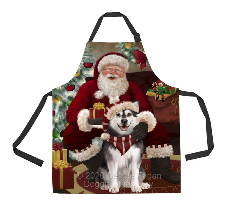 Santa's Christmas Surprise Alaskan Malamute Dog Apron - Adjustable Long Neck Bib for Adults - Waterproof Polyester Fabric With 2 Pockets - Chef Apron for Cooking, Dish Washing, Gardening, and Pet Grooming