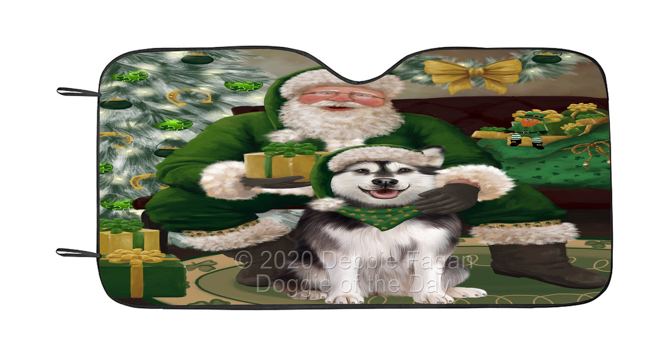 Christmas Irish Santa with Gift and Alaskan Malamute Dog Car Sun Shade Cover Curtain